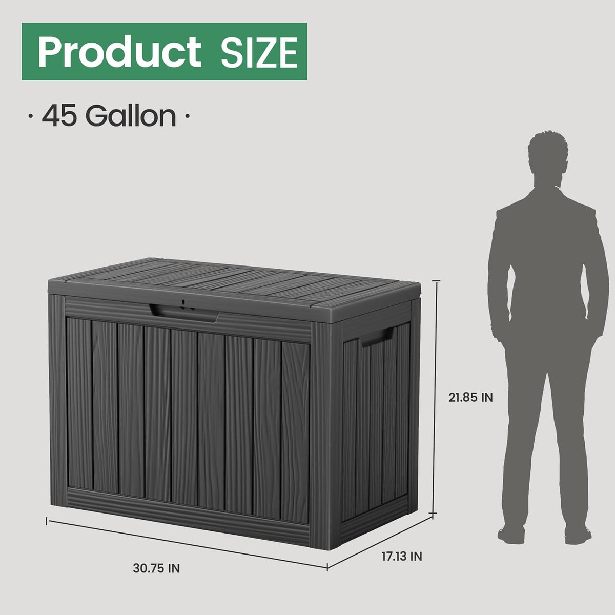 45 Outdoor Storage Box, Waterproof Resin Deck Box with Side Handles, Lockable Outdoor Bench for