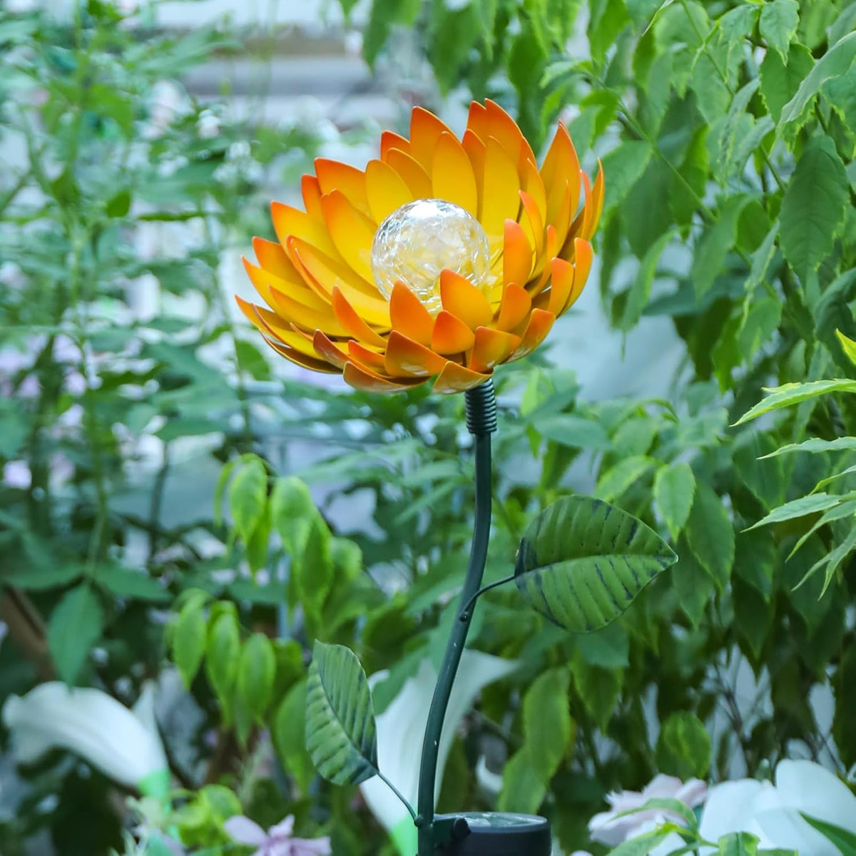 VCUTEKA Solar Garden Lights Metal Flower Decor Colorful Yellow Flowers Solar Pathway Light with LED