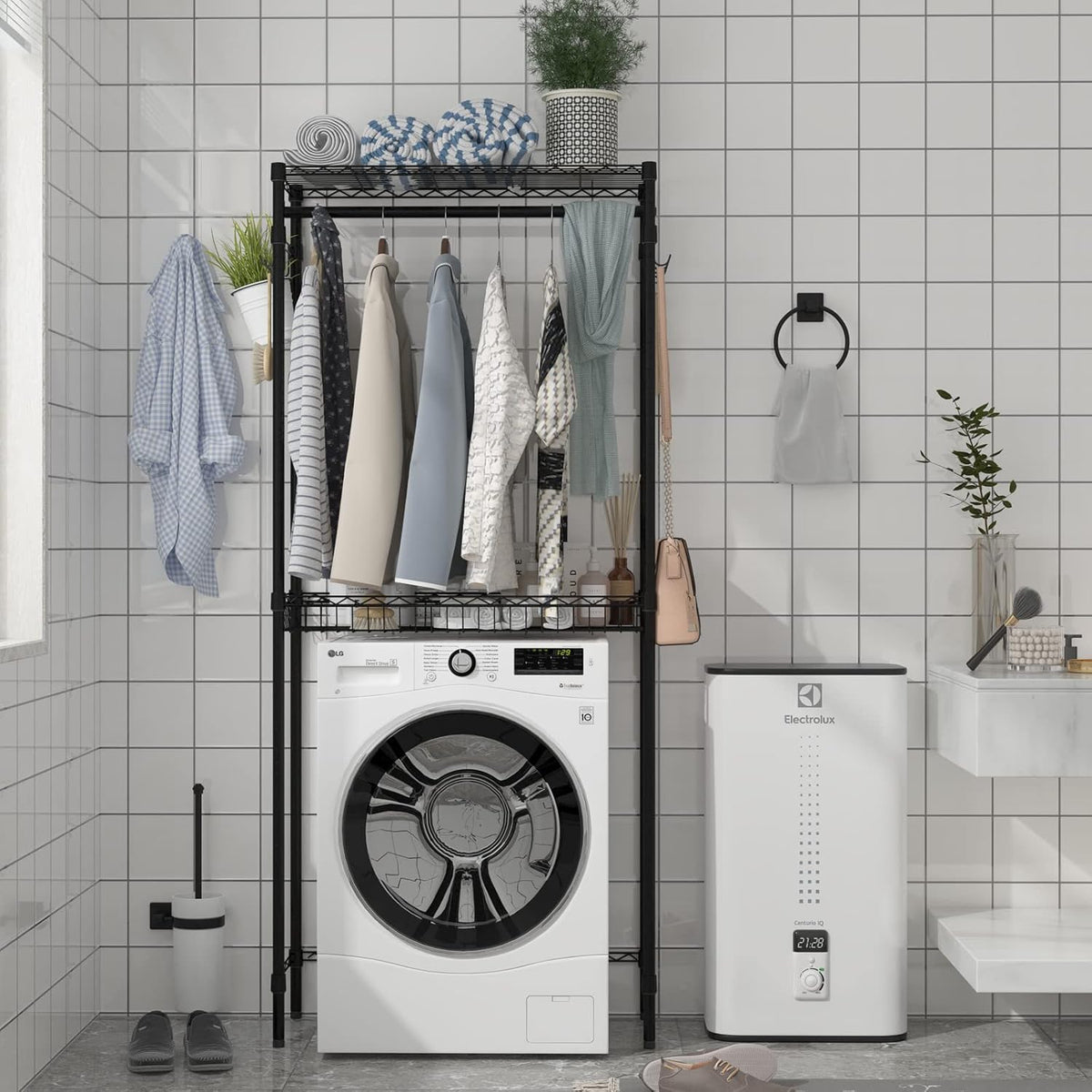 Xiofio Washer and Dryer Storage Shelf,Clothes Drying Rack,2 Tier Adjustable Height Storage Wire