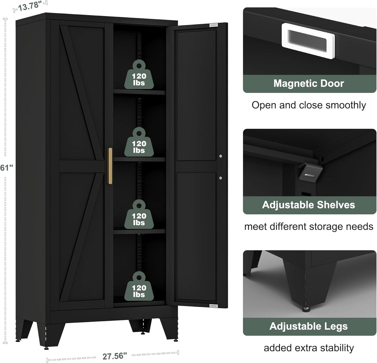 61" Tall Farmhouse Metal Pantry Cabinet, Kitchen Pantry Storage Cabinets with 2 Barn Door and