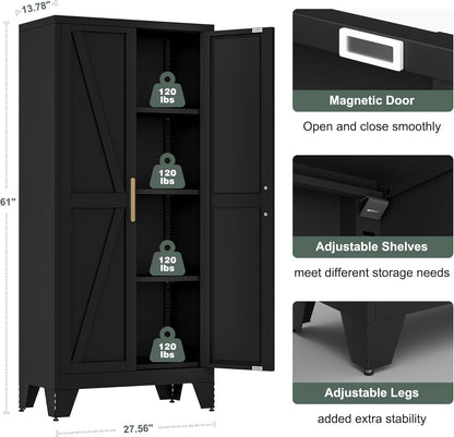 61" Tall Farmhouse Metal Pantry Cabinet, Kitchen Pantry Storage Cabinets with 2 Barn Door and