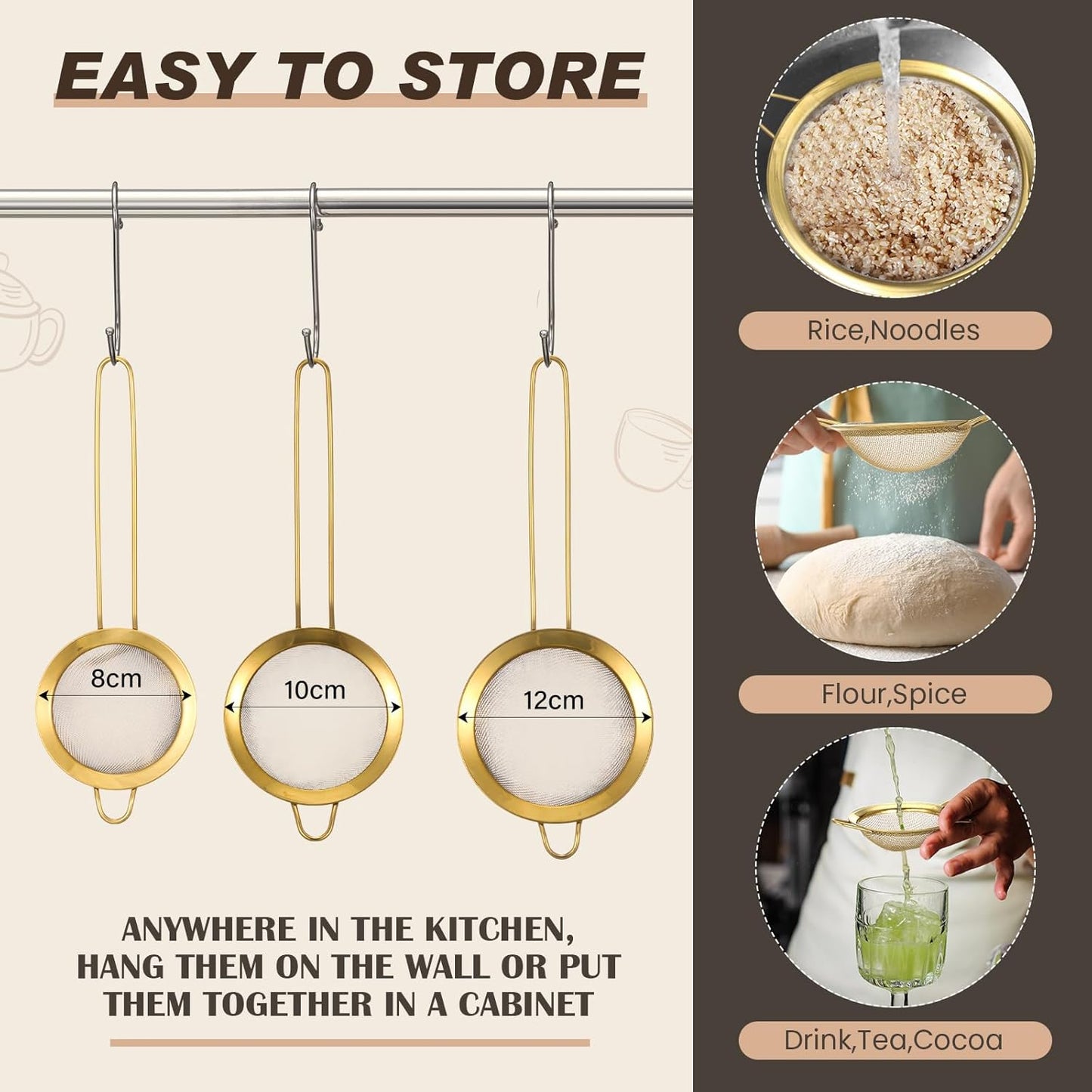 Norme 3 Quart Stainless Steel Gold Colander Gold Fine Mesh Strainer, Stainless Steel Pasta Rice