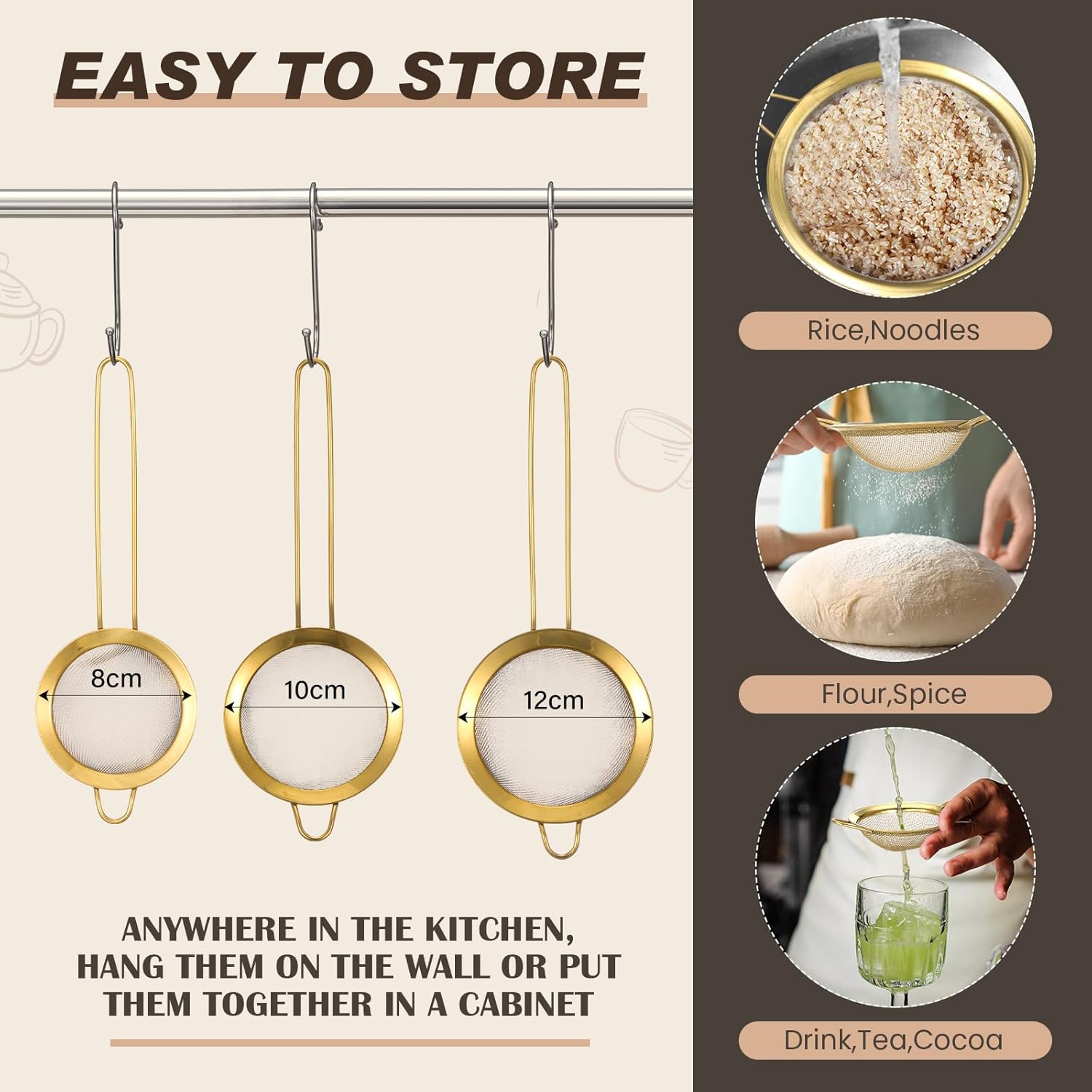 Norme 3 Quart Stainless Steel Gold Colander Gold Fine Mesh Strainer, Stainless Steel Pasta Rice