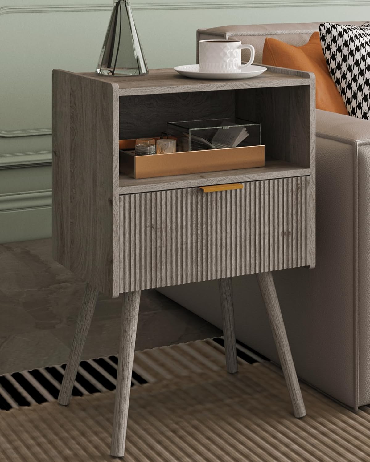 Nightstand,Modern Bedside Table with Storage Drawer and Open Wood Shelf, Accent Night Stand with