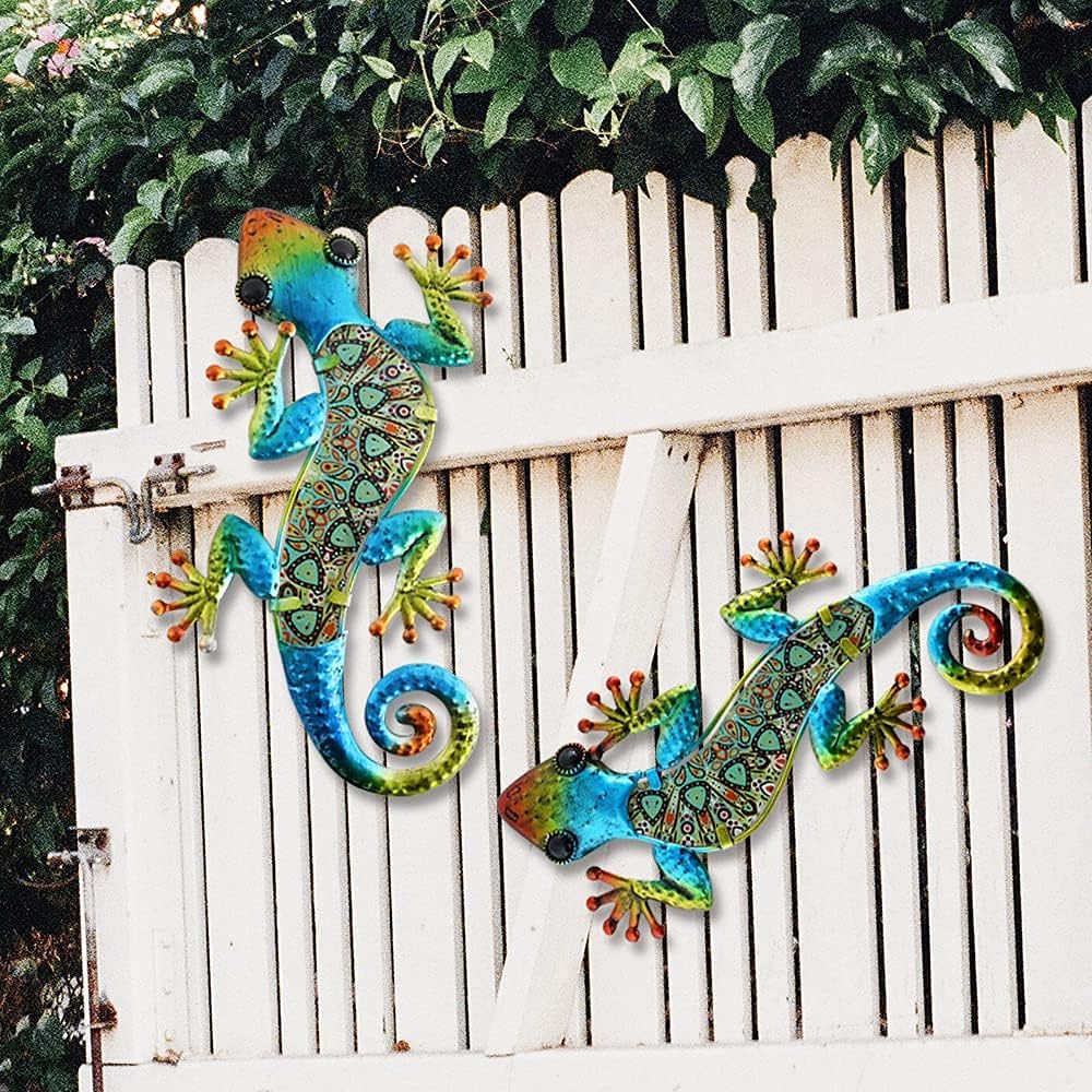 HONGLAND 2Pcs Metal Gecko Wall Decor Lizard Garden Art Color Hanging Glass Sculpture for Indoor