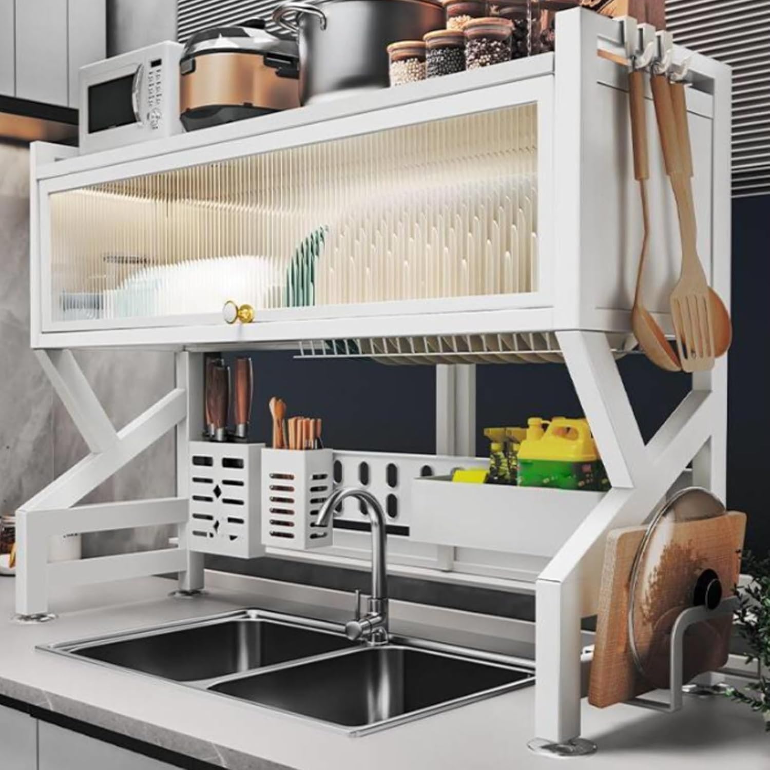 Kitchen sink rack dishwashing sink countertop dustproof cupboard storage multifunctional tableware