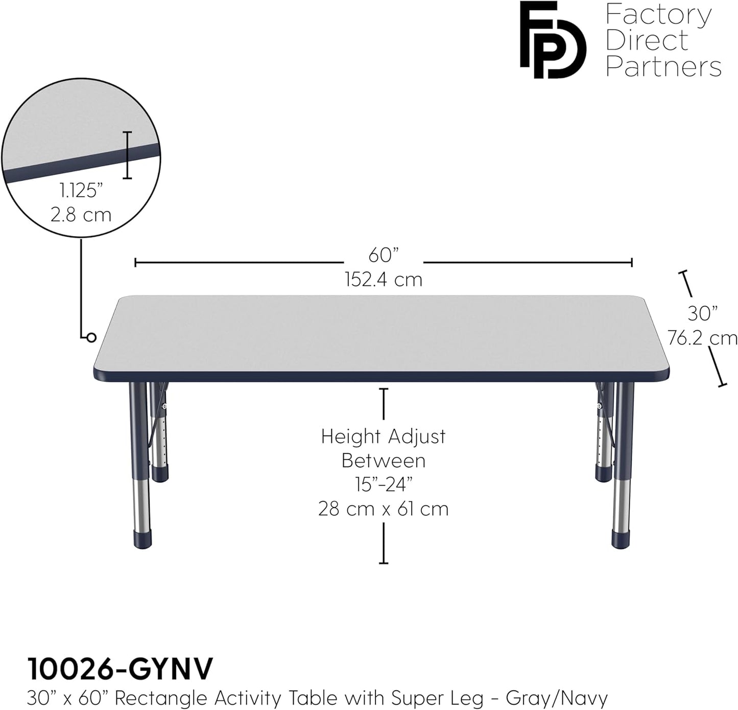 FDP Rectangle Activity School and Classroom Kids Table (30 x 60 inch), Toddler Legs, Adjustable