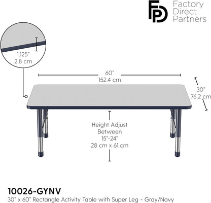 FDP Rectangle Activity School and Classroom Kids Table (30 x 60 inch), Toddler Legs, Adjustable