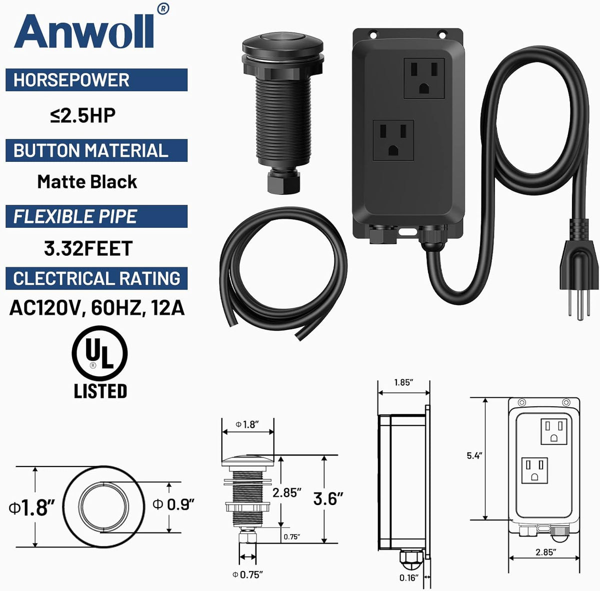 Garbage Disposal Air Switch Kit -Professional- Dual Outlet, Sink Top Waste Disposer On/Off, Garbage
