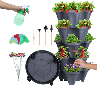 DUNCHATY Stackable Planter, Vertical Strawberry Planter with Garen Tool Set, Self Watering Garden