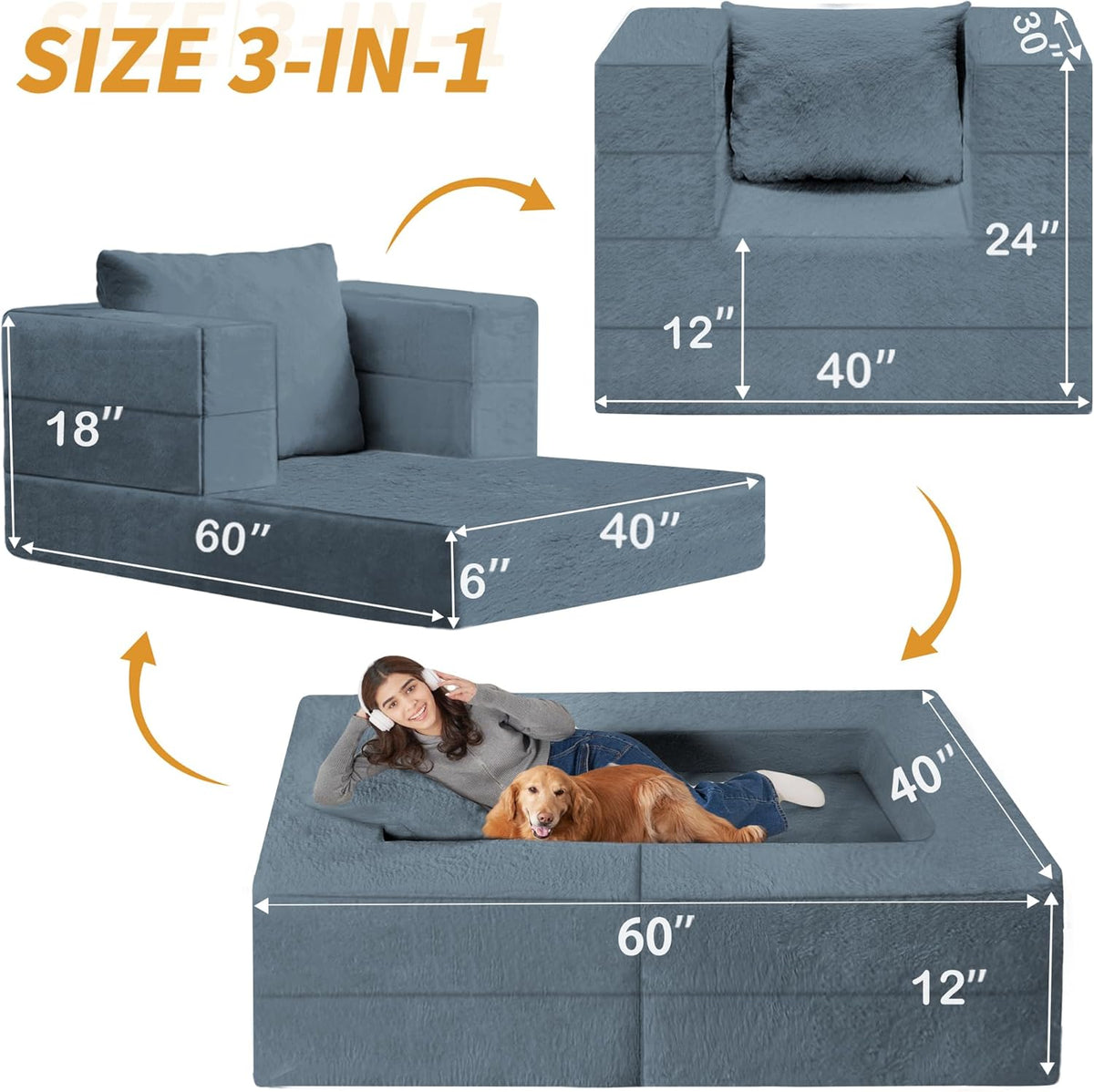 Folding Bean Bag Chair for Adults,3-in-1 Bean Bag Couch Faux Fur Floor Sofa Large Beanbag