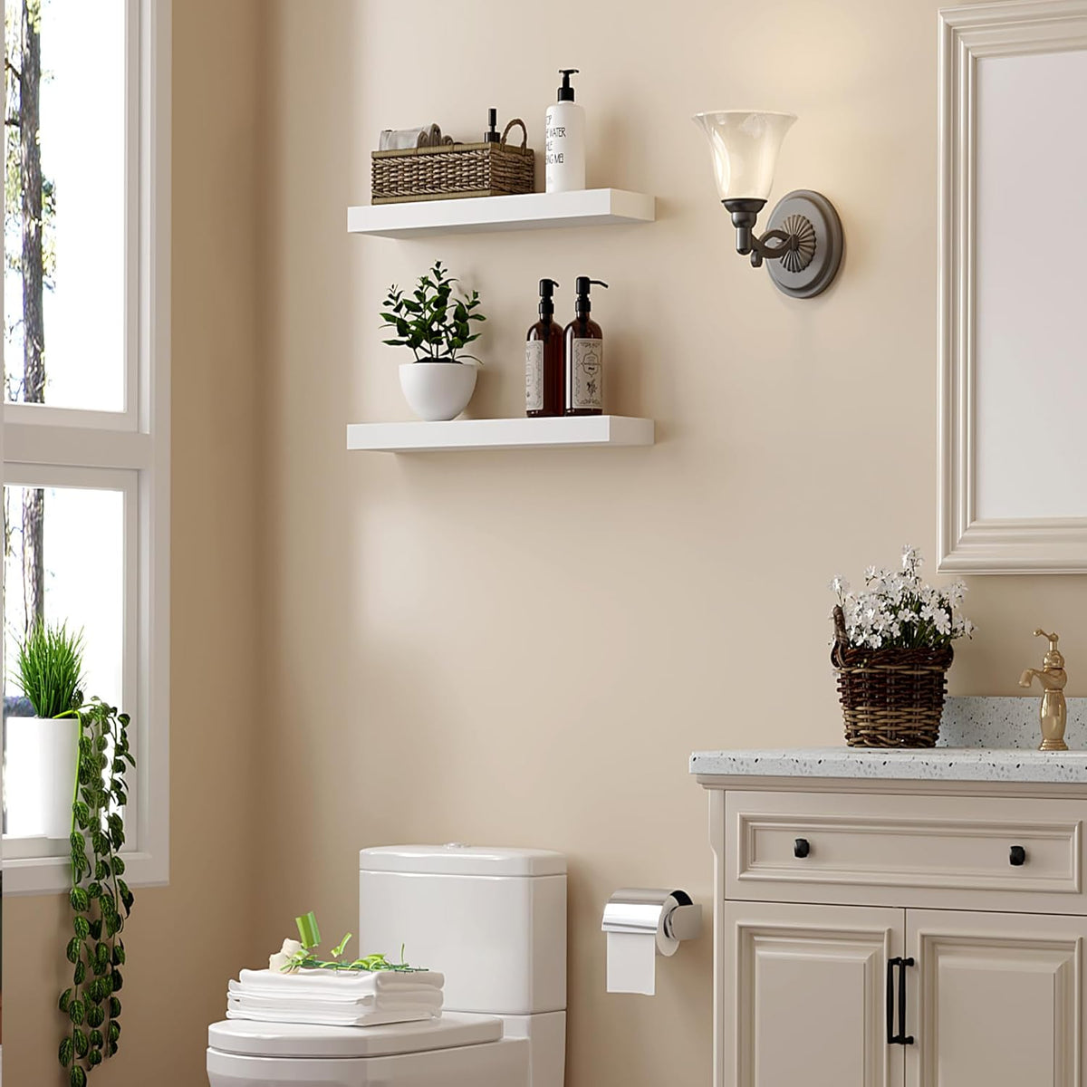 BGMG Wood Floating Shelves 16 inch Set of 2, Rustic Wooden Wall Mount Shelves for Bathroom Living