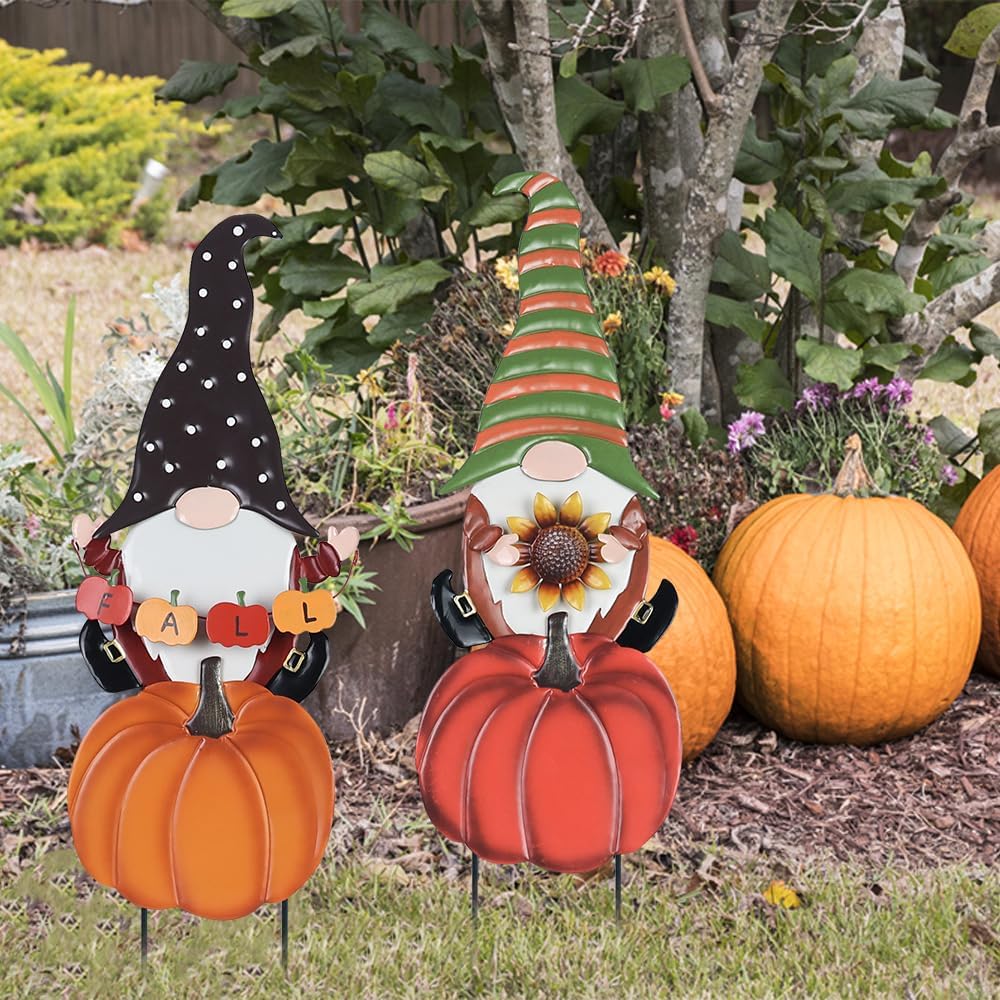 hogardeck Fall Decorations for Home Outdoor, 2 Pcs Metal Gnome Decorative Garden Stakes with