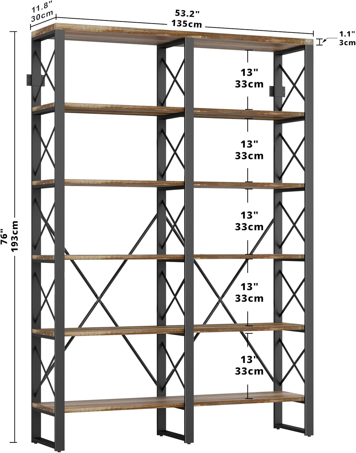 IRONCK Bookshelves Double Wide 6-Tier 76" H, Open Large Bookcase, Industrial Style Shelves for Home