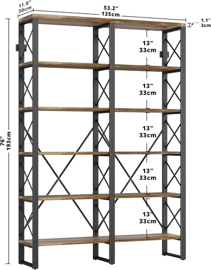 IRONCK Bookshelves Double Wide 6-Tier 76" H, Open Large Bookcase, Industrial Style Shelves for Home