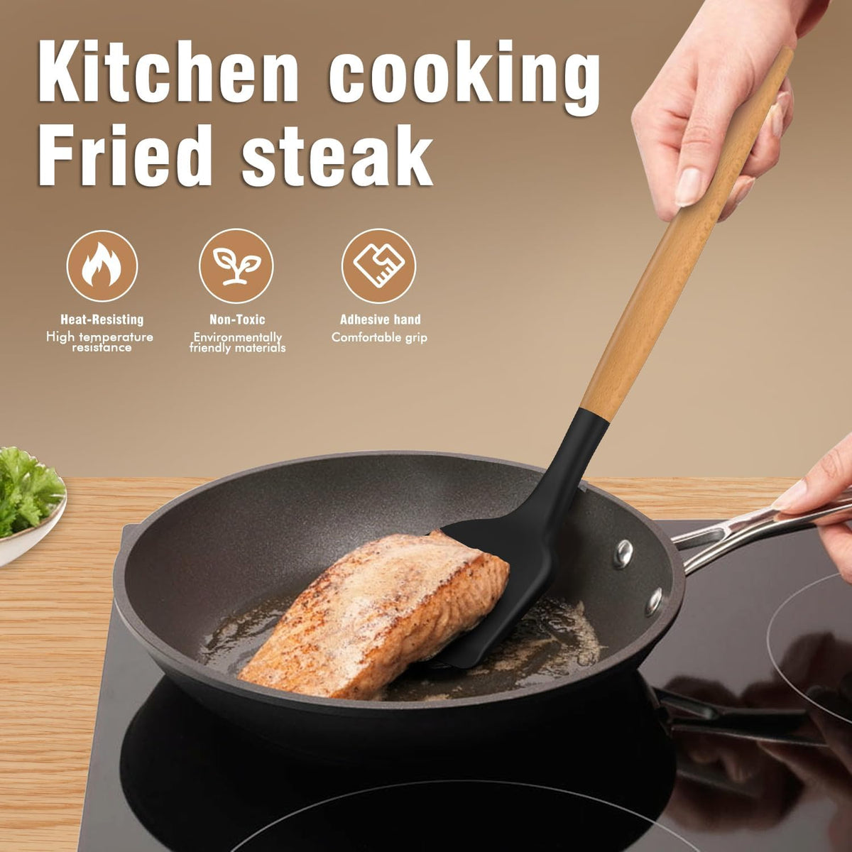 Silicone Cooking Utensils Set - Silicone Kitchen Utensils for Cooking Wooden Handles, 446°F Heat