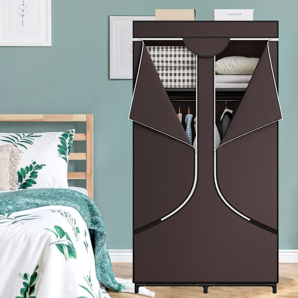 SORCEDAS Portable Wardrobe Closet Storage Organizer Metal Hanging Rack Non-Woven Fabric 34 Inch