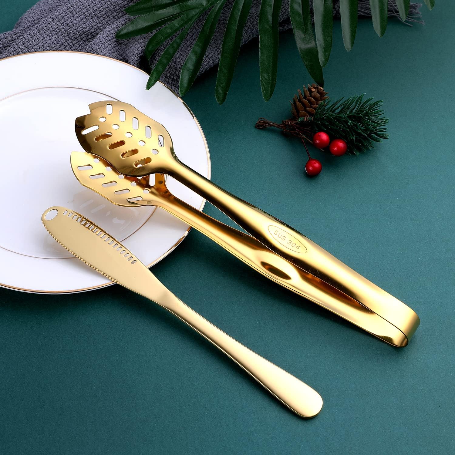 Gold Serving Utensils, OGORI 8-Piece Polished Stainless Steel Flatware Silverware Set Include