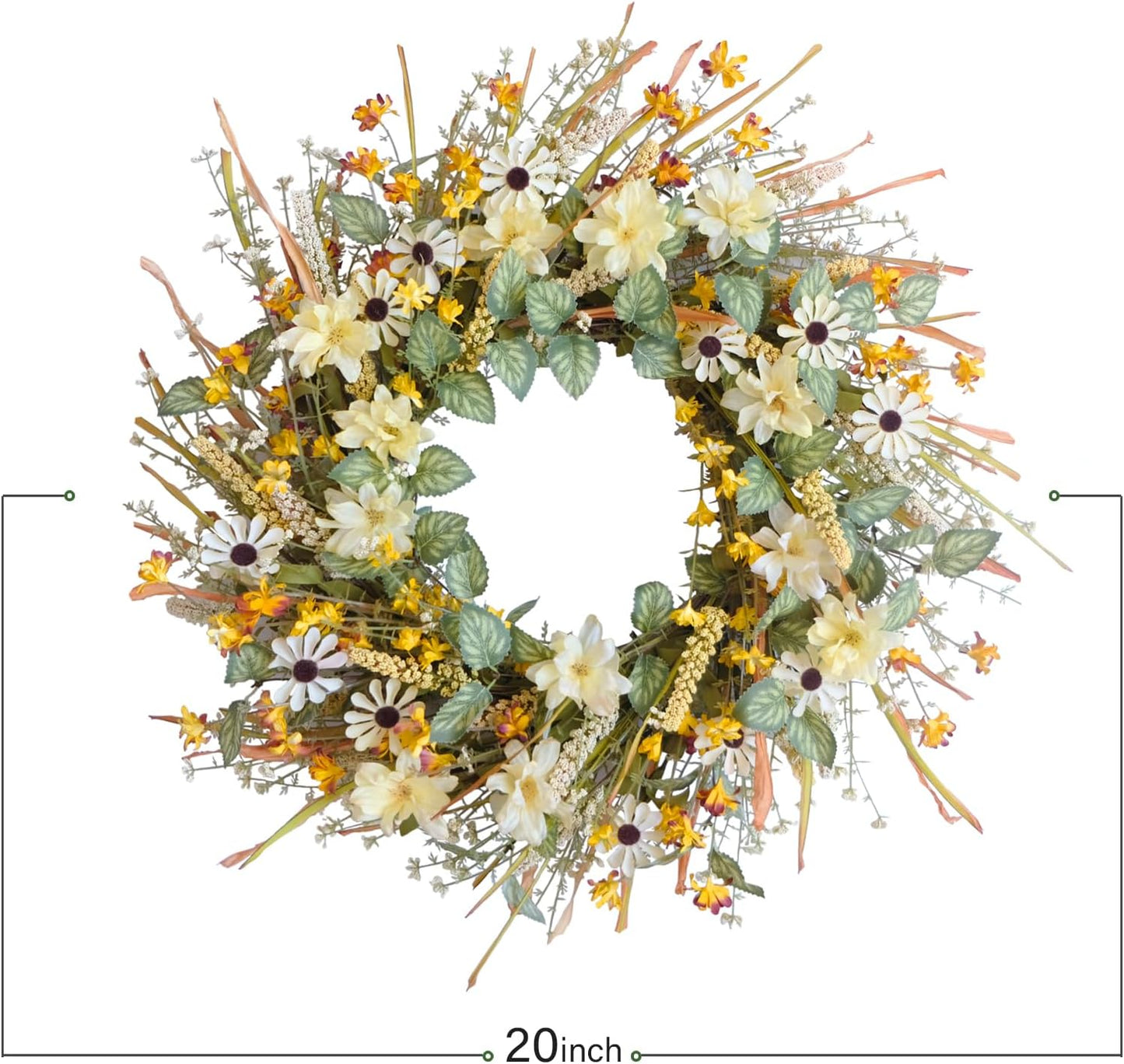 idyllic 20 Inches Spring Summer Front Door Wreath, Yellow and White Daisies Flowers, Ear of Wheat