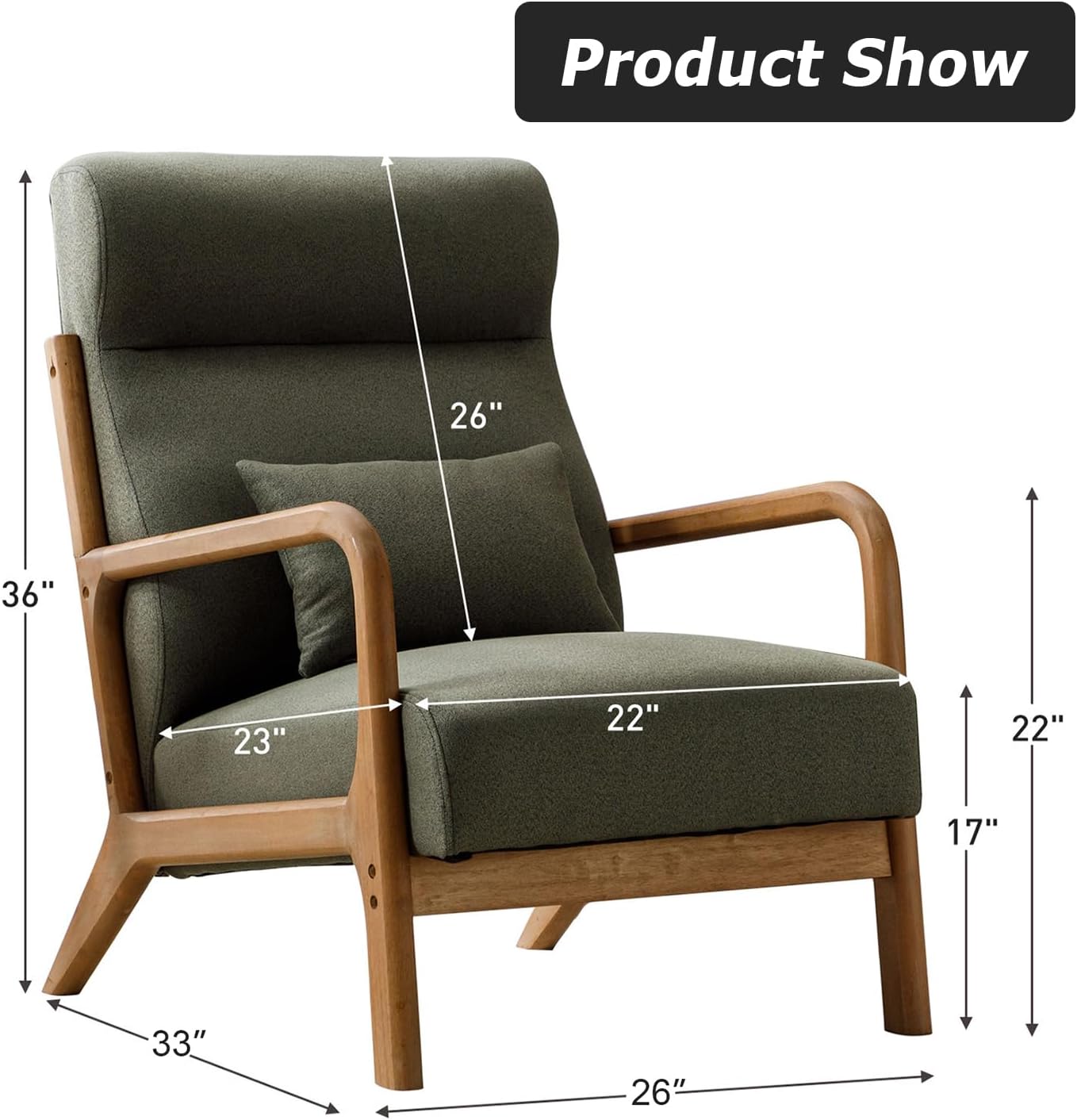INZOY Mid Century Modern Accent Chair Set of 2, High Back Reading Armchair with Wood Frame