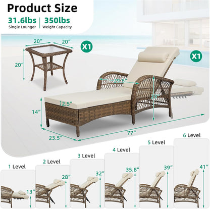 VIVIJASON Outdoor Wicker Chaise Lounge Chair, All-Weather PE Rattan Cushioned Patio Lounger Set