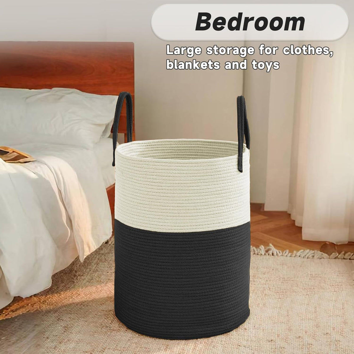 Large Woven Laundry Basket Hamper,60L Cotton Rope Storage Bin for Blankets,Toys and