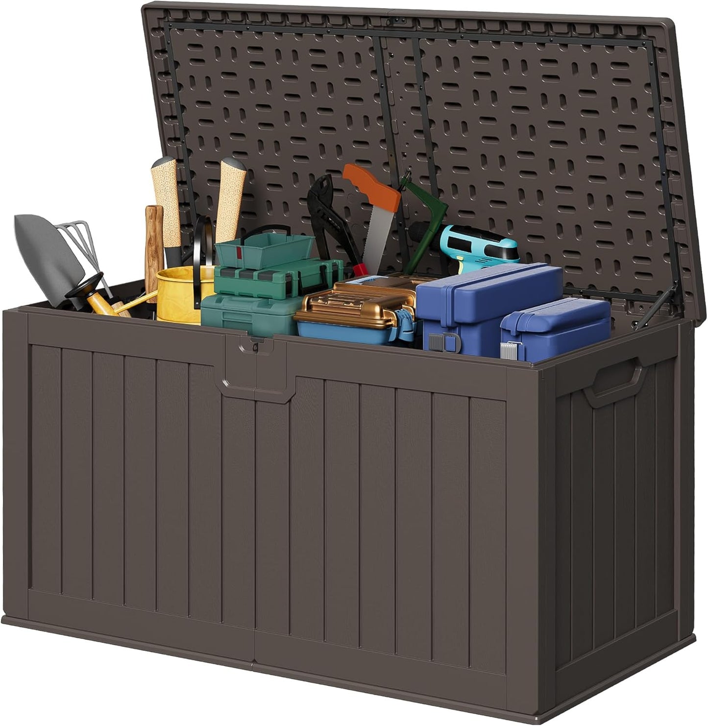 Devoko 240 Gallon Double-Wall Deck Box with Divider, Side Handles, Resin Outdoor Large Storage Box