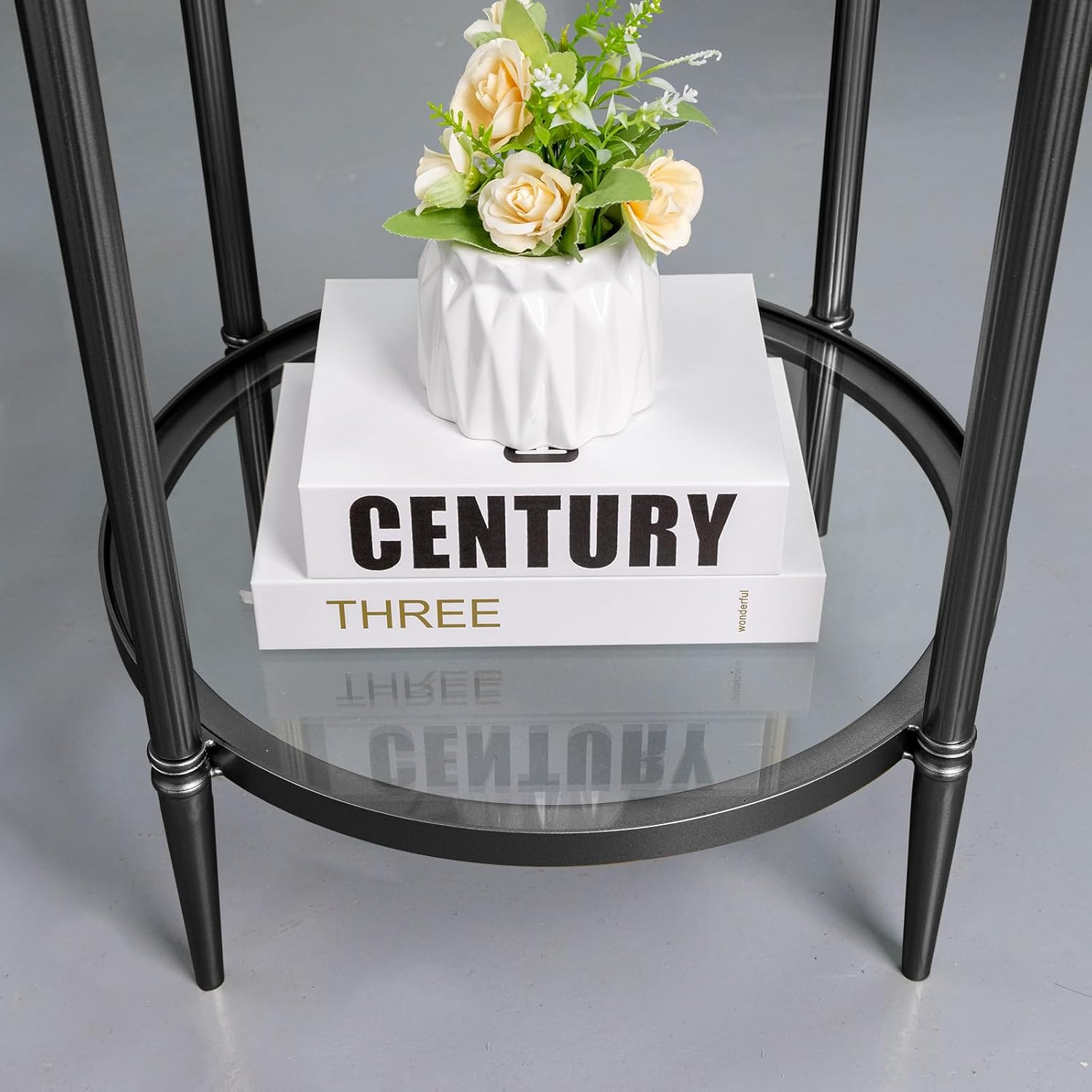 2 Tier Round Side Table, Black End Table with Glass Top, Modern Metal Clear Coffee Table，Small