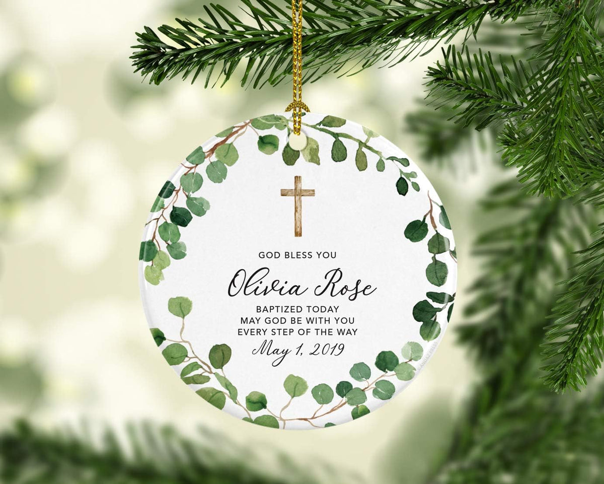 Andaz Press Personalized Round Ceramic Porcelain Christmas Ornament Gift, God Bless You Olivia Rose