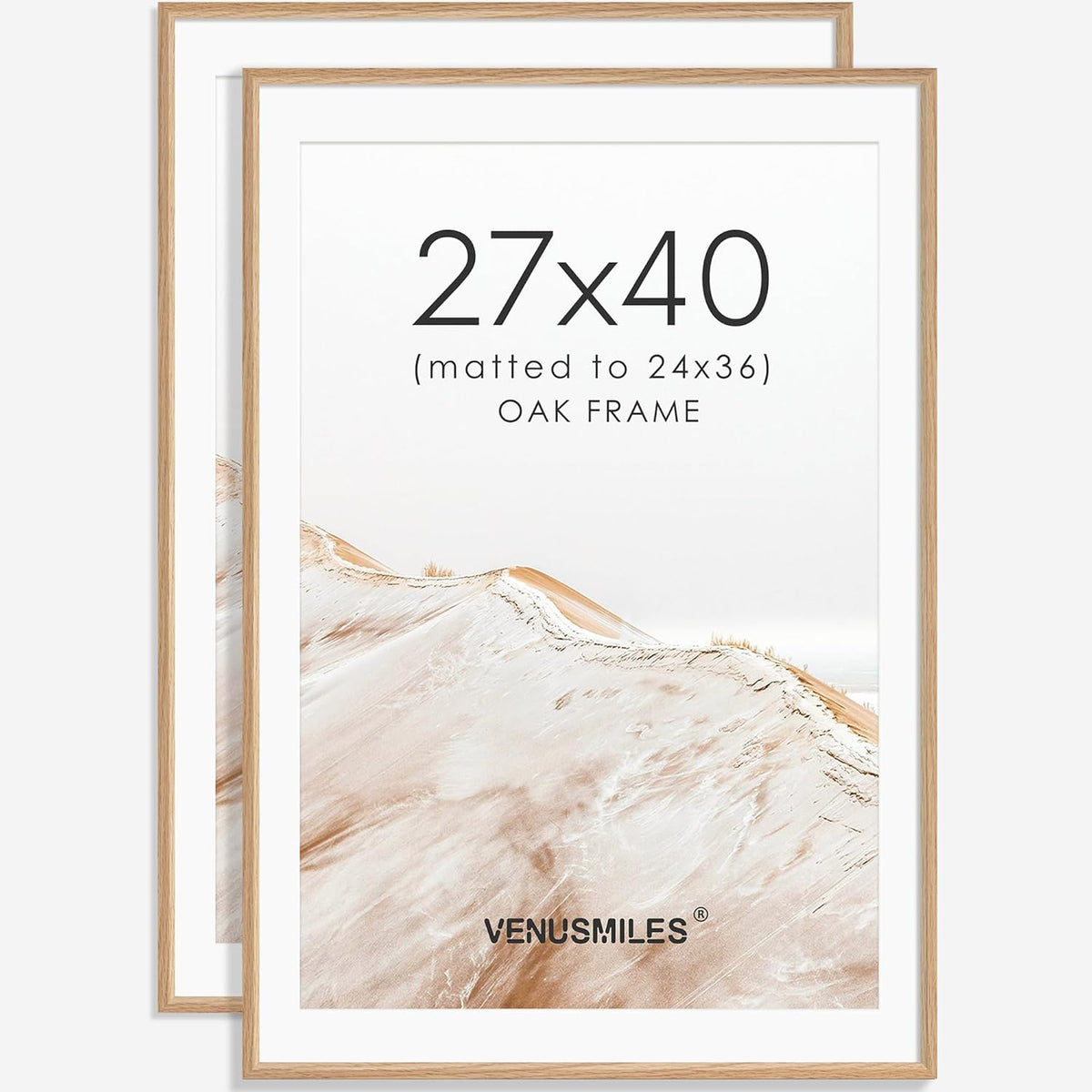 27x40 Poster Frame Set of 2 Natural Solid Oak Photo Frames with 24x36 Removable Mat Wall Hanging