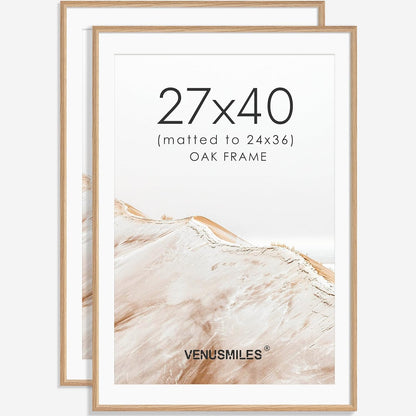 27x40 Poster Frame Set of 2 Natural Solid Oak Photo Frames with 24x36 Removable Mat Wall Hanging