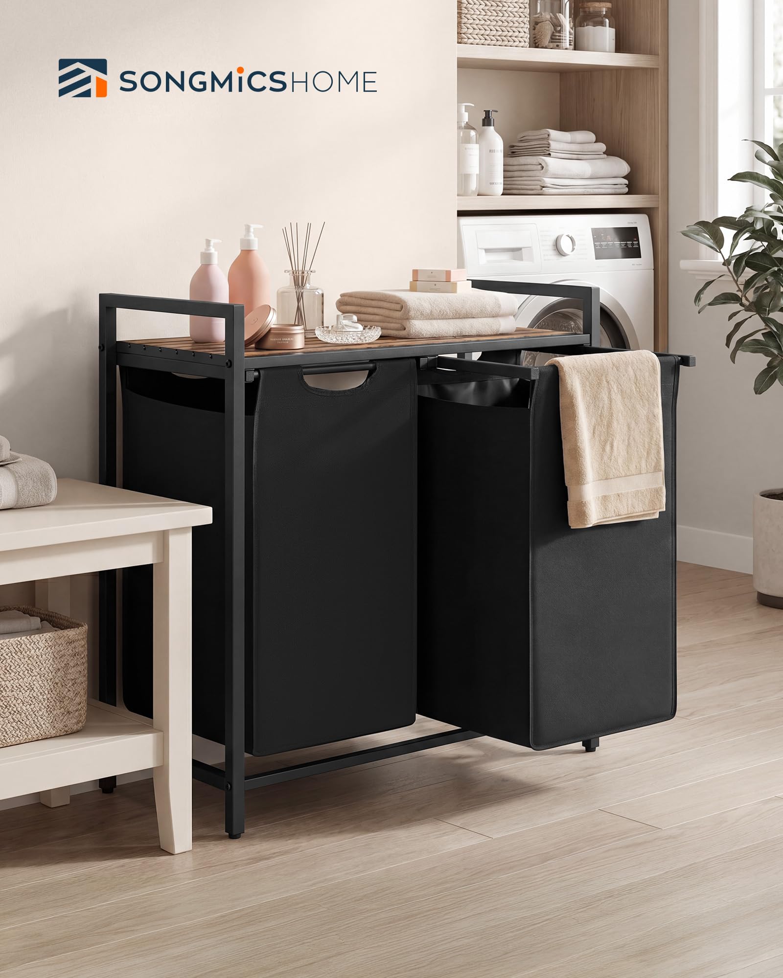 SONGMICS HOME Laundry Basket Sorter with Storage Shelf, Laundry Hamper with Metal Frame, 2 x 12.1