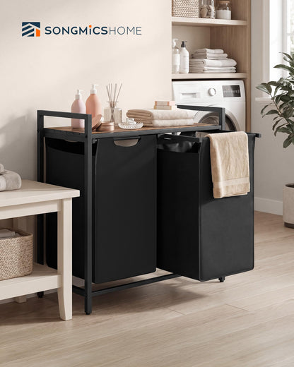 SONGMICS HOME Laundry Basket Sorter with Storage Shelf, Laundry Hamper with Metal Frame, 2 x 12.1