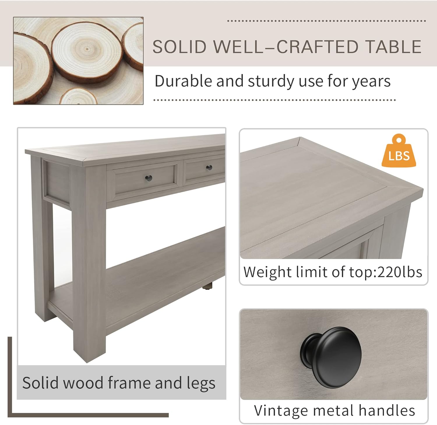 Solid Wood Console Table,Long Sofa Table Entryway Table with 4 Drawers and Bottom Shelf for Hallway
