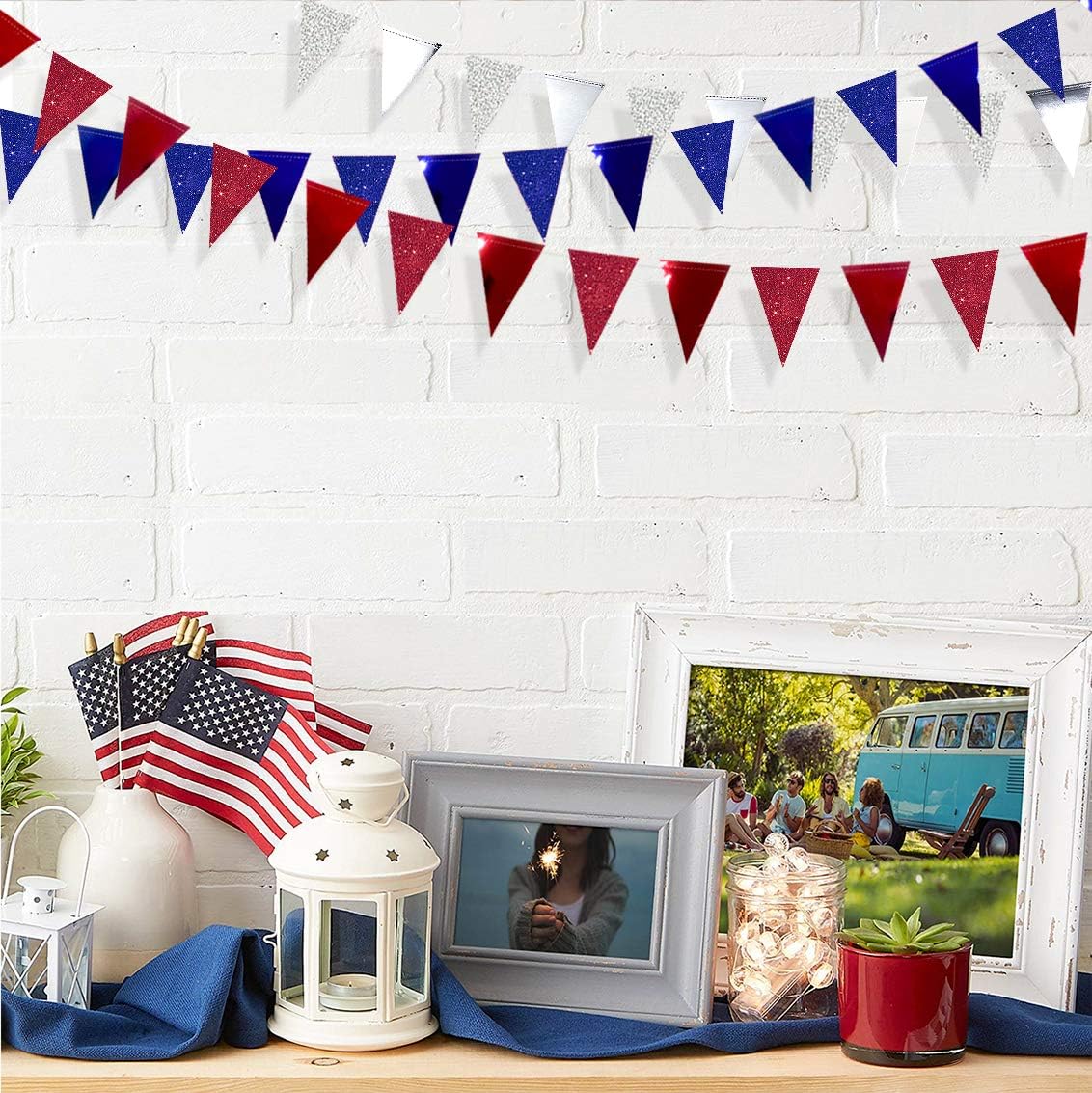 30 Ft Red Silver Blue Triangle Pennant Banner Bunting Hanging Paper Flag Garland for 4th of July