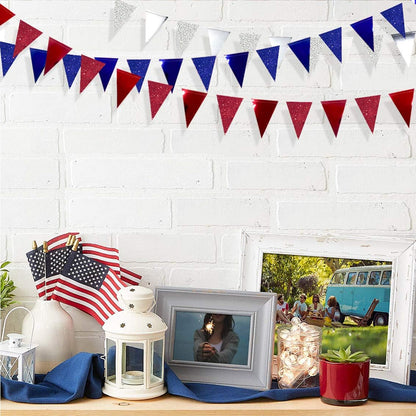 30 Ft Red Silver Blue Triangle Pennant Banner Bunting Hanging Paper Flag Garland for 4th of July