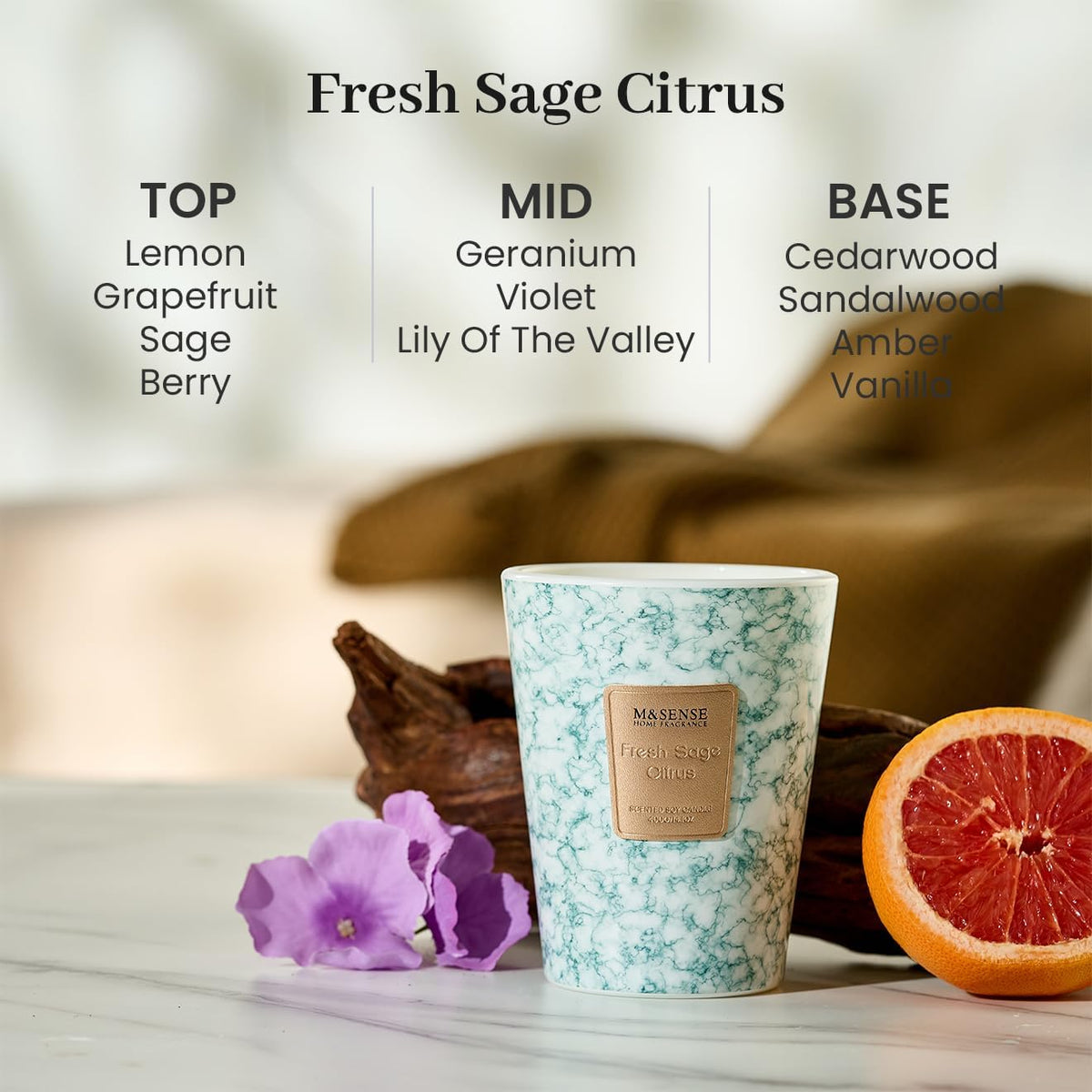 M&SENSE FreshSage Citrus Scented Candles for Home, Lead-Free Wick Highly Scented Jar Candles, 14.1