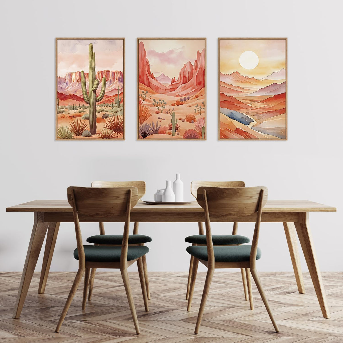 HLNIUC Boho Desert Plant Framed Canvas Wall Art Set,Southwestern Sun Mountain Wall Decor,Cactus