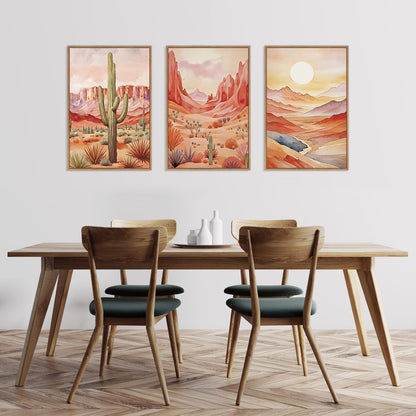 HLNIUC Boho Desert Plant Framed Canvas Wall Art Set,Southwestern Sun Mountain Wall Decor,Cactus