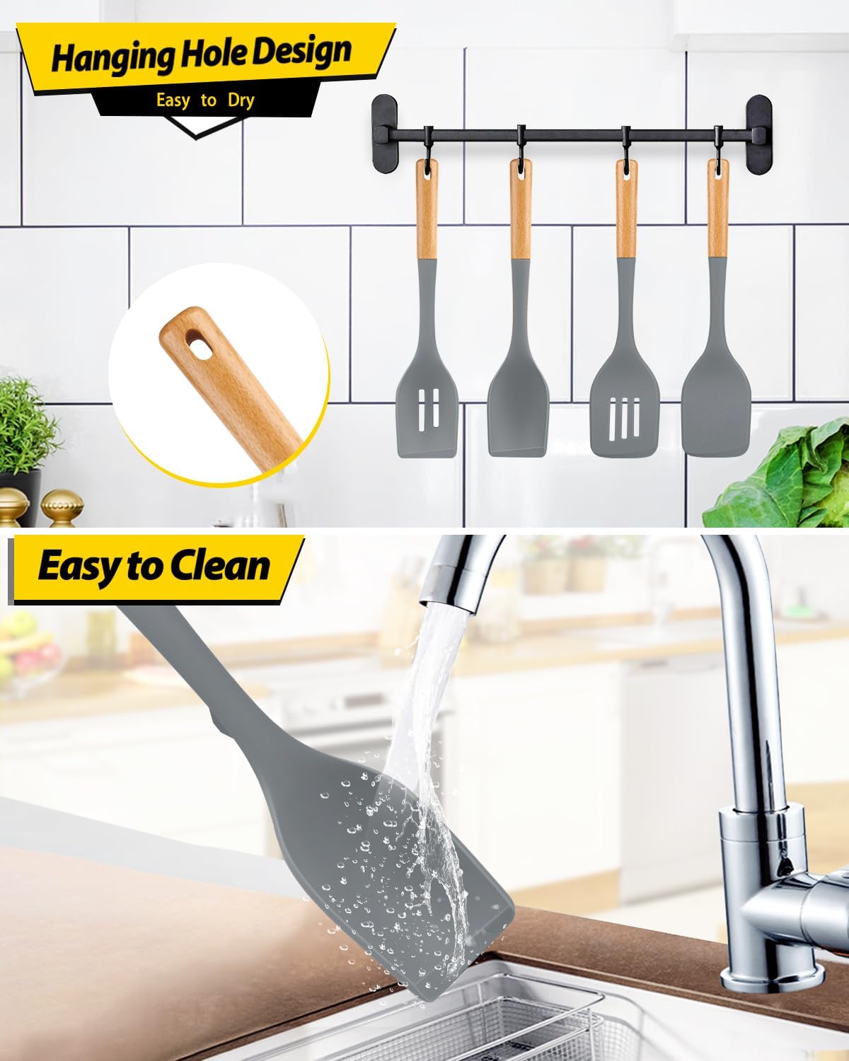 Pack of 4 Silicone Kitchen Utensils Set, Non Stick Solid Spatulas and Heat Resistant Slotted Spoons
