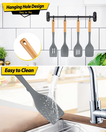 Pack of 4 Silicone Kitchen Utensils Set, Non Stick Solid Spatulas and Heat Resistant Slotted Spoons