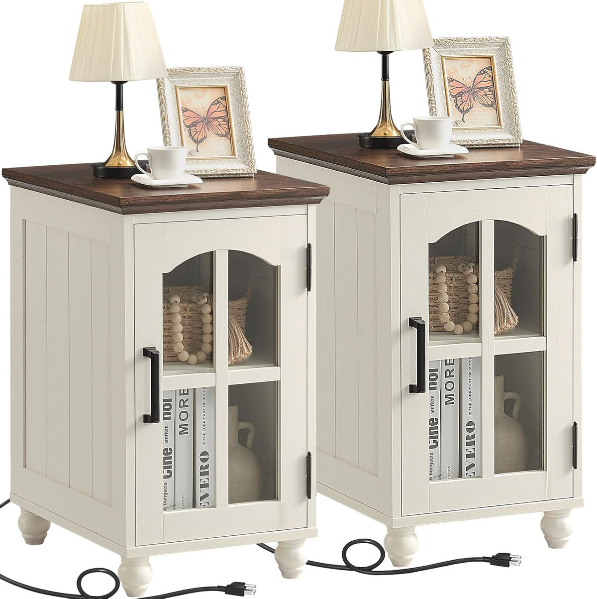 Narrow Side Table Set of 2,White Nightstand with Charging Station,End Table with Glass Barn Door