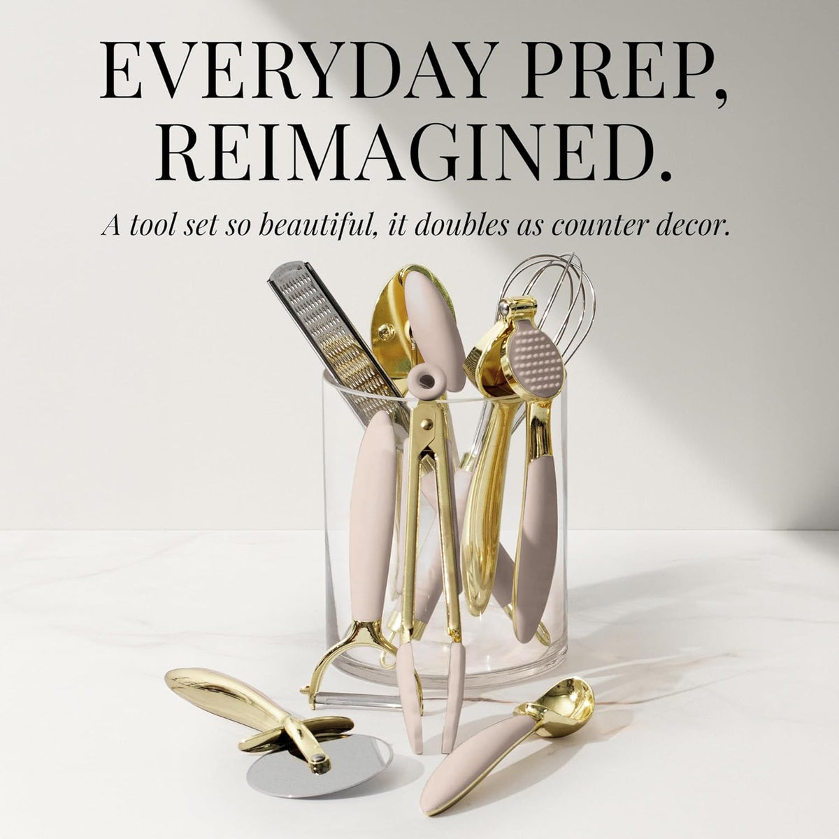 Gold and Beige Kitchen Utensils Set – 8 PC Cooking Gadgets with Mini Gold Whisk and Tongs, Pizza