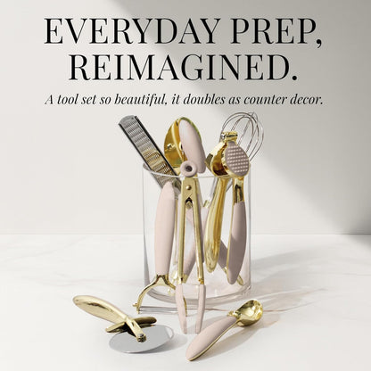 Gold and Beige Kitchen Utensils Set – 8 PC Cooking Gadgets with Mini Gold Whisk and Tongs, Pizza