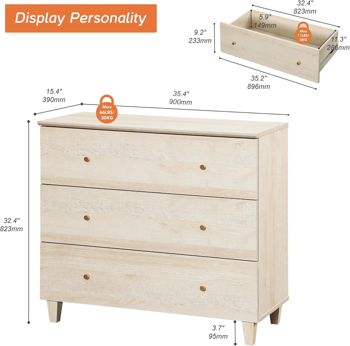 WAMPAT Bedroom Dresser with 3 Drawers, 35.4" Wide Wood Kids Dressers, Chest of Drawers, Modern