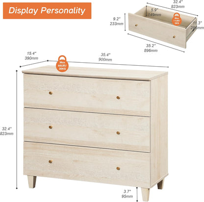 WAMPAT Bedroom Dresser with 3 Drawers, 35.4" Wide Wood Kids Dressers, Chest of Drawers, Modern