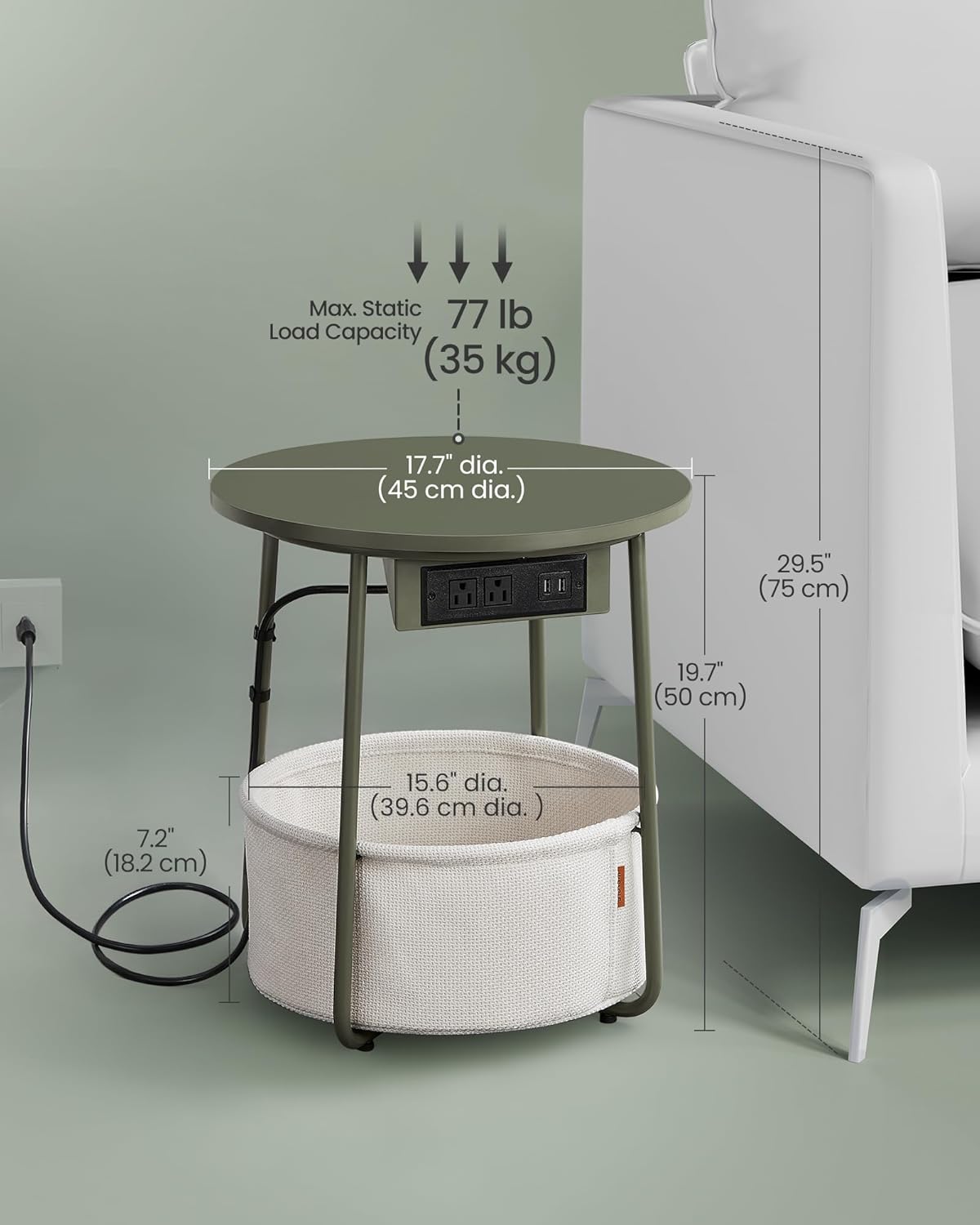 VASAGLE Side Table with Charging Station, Round End Table with Fabric Basket, Nightstand with Power