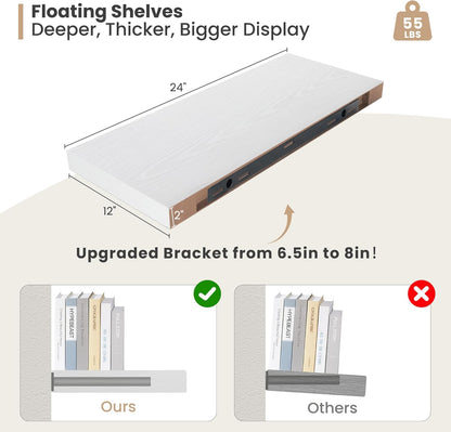 Heimlove 24 x 12 Inch Deep Floating Shelves Wall Mounted with Invisible Brackets,Storage Hanging