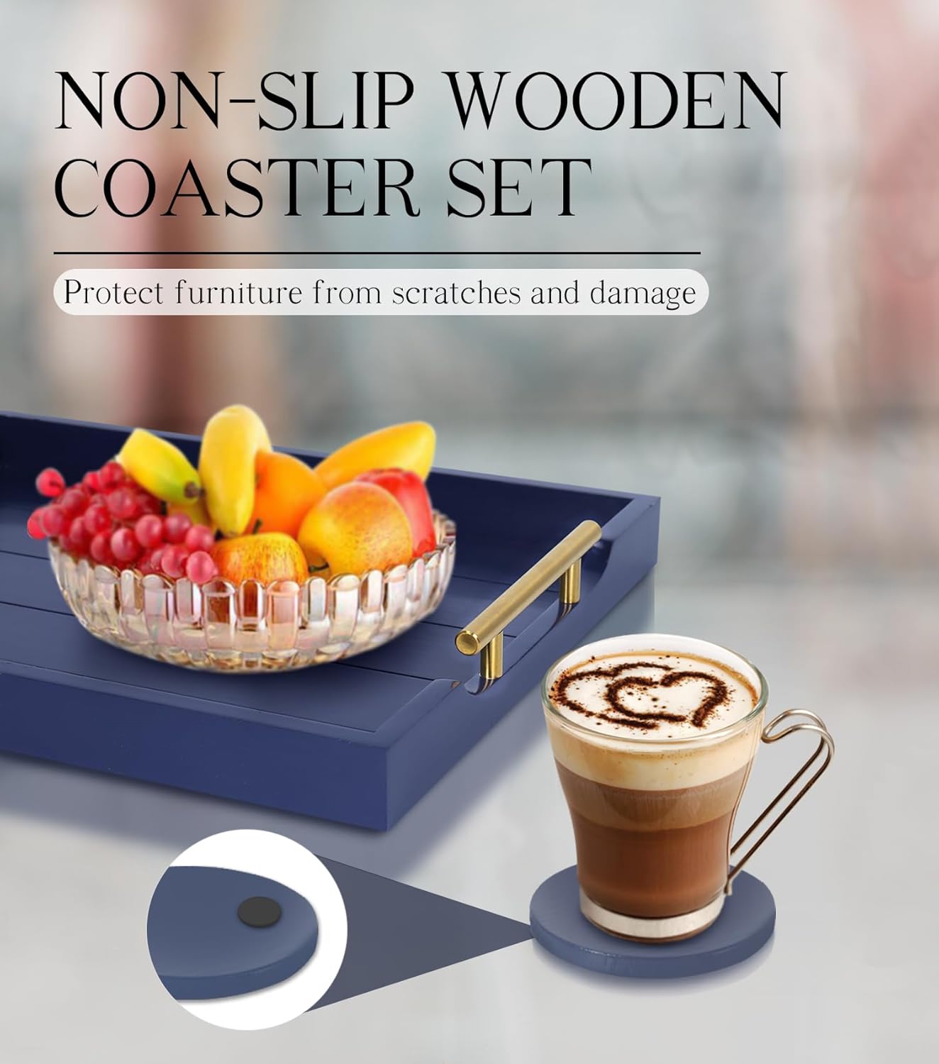 Coffee Table Tray - Large Ottoman Tray for Living Room - Wood Serving Tray with Handles(2 Sets)