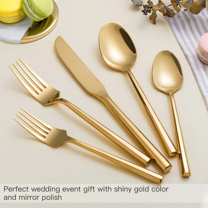 Gold Silverware Set Flatware Set Stainless Steel Cutlery Set 40 Pieces Hexagon Handle Home Kitchen